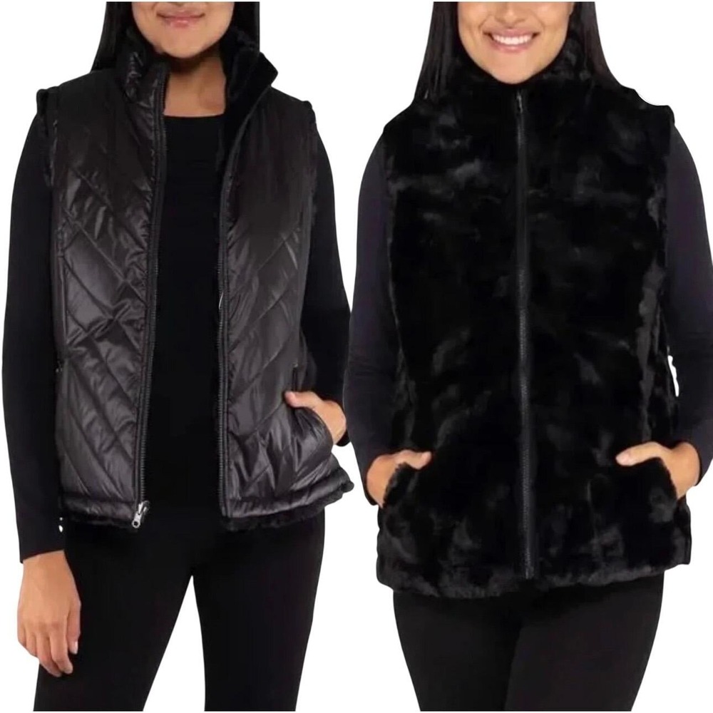 NICOLE MILLER Black Reversible Quilted Puffer Faux Fur Vest Women's Sz S Zip Up